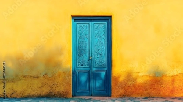 Fototapeta Blue Carved Door Against Yellow Wall