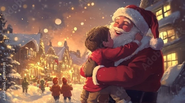 Obraz Happy Santa Hugging Children in Winter Wonderland