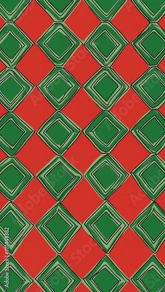 Fototapeta Green Rhombus pattern hand drawn design on Red background illustration