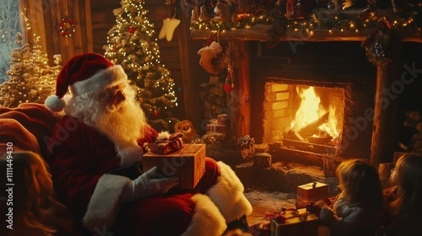 Obraz Santa in a Cozy Log Cabin with Children by the Fire
