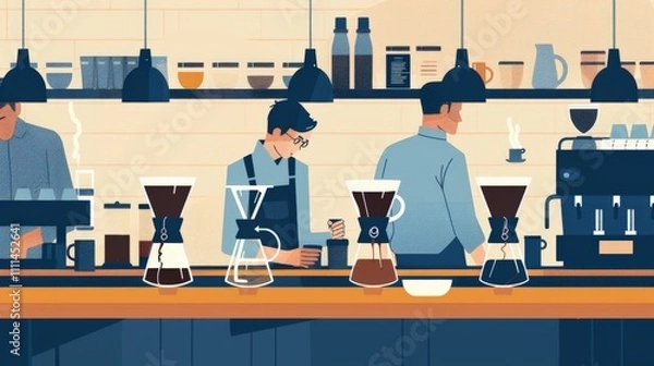 Fototapeta Illustration of a drip coffee tasting session with different brewing techniques explored