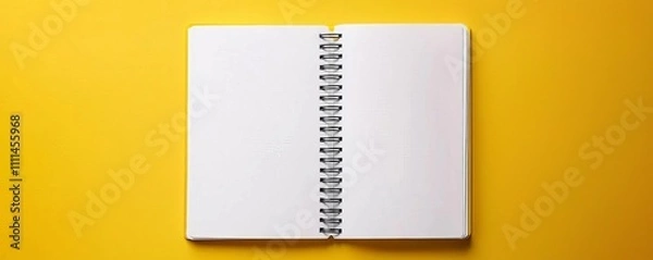 Fototapeta An open spiral notebook lays flat on a bright yellow background, inviting creativity and ideas to flow freely onto its blank pages.