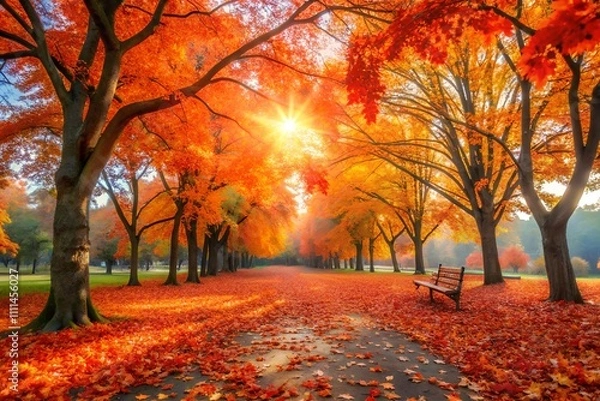 Fototapeta An autumn park with vibrant orange and red leaves falling from trees