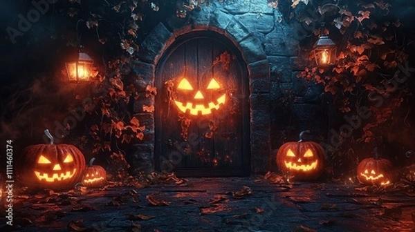 Obraz Spooky Halloween Scene with Glowing Jack O Lanterns Rustic Stone Door and Misty Atmosphere