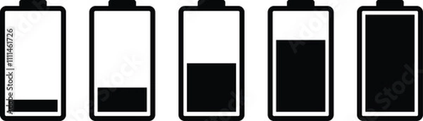 Fototapeta Battery GSM icon set. Isolated black smartphone battery level indicator icons on white background. Concept power, energy, low , full, empty, load. Loading battery concept. Battery charge sign
