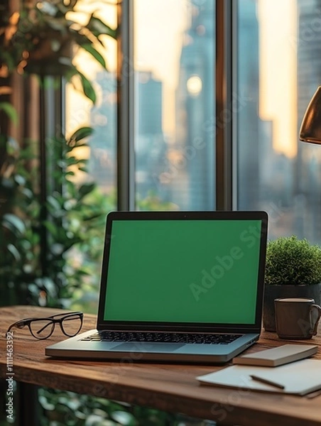 Obraz Green screen laptop. Close up shot of modern chroma key green screen laptop computer set up for work on desk. remote work, technology concept. chromakey laptop.