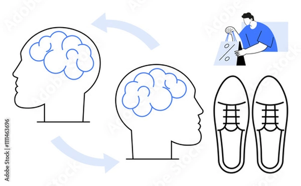 Fototapeta Two human profiles with brain outlines connected by arrows, symbolizing decision making. Man holding bags, pair of shoes above, Ideal for psychology, neuroscience, decision making, advertising