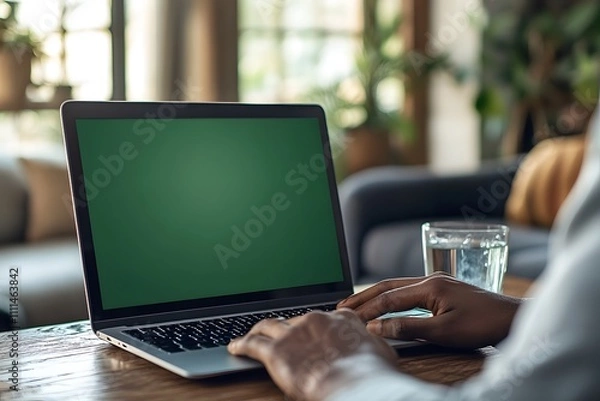 Obraz Green screen laptop. Close up shot of modern chroma key green screen laptop computer set up for work on desk. remote work, technology concept. chromakey laptop.