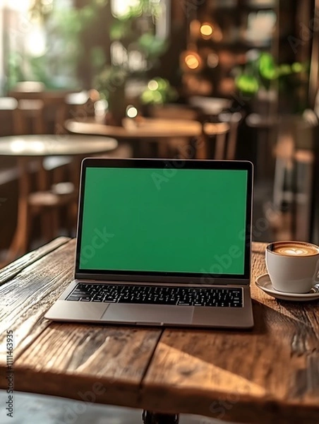 Obraz Green screen laptop. Close up shot of modern chroma key green screen laptop computer set up for work on desk. remote work, technology concept. chromakey laptop.