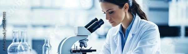 Fototapeta A focused female scientist examining samples through a microscope in a modern laboratory, showcasing the essence of scientific research and discovery.