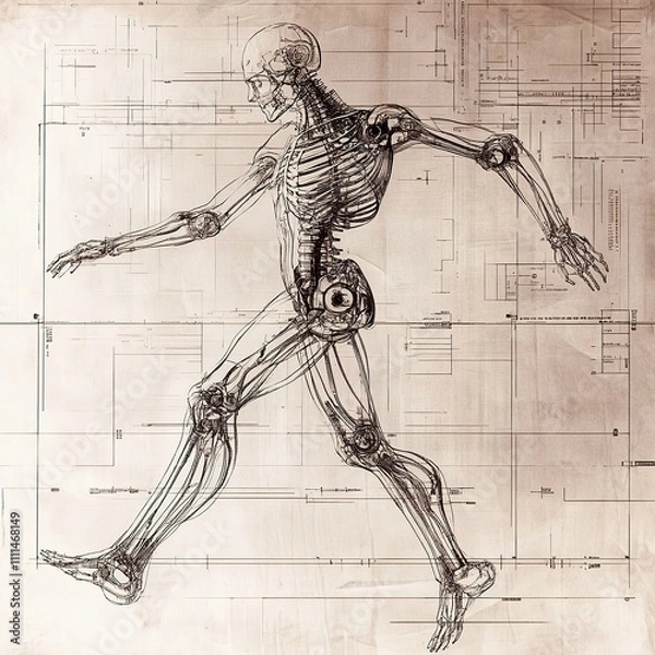 Fototapeta Anatomical Blueprint Of A Walking Robotic Figure