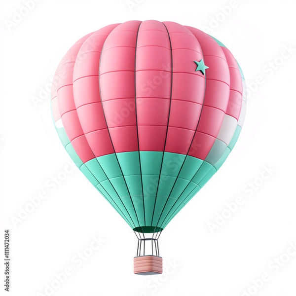Fototapeta A colorful hot air balloon with pink and teal stripes, featuring a small star, floating against a clear background.