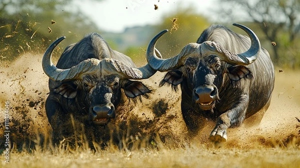Fototapeta Two Cape Buffalo Charging Through Dust Cloud