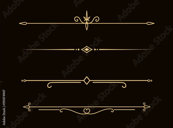 Fototapeta Set of Vintage decorative golden lines. text dividers. Gold line border. Lines separators, Borders, Vintage dividers, Underline elements. Vector illustration
