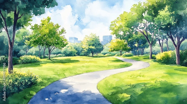 Fototapeta serene park with winding path, lush greenery, and bright skies
