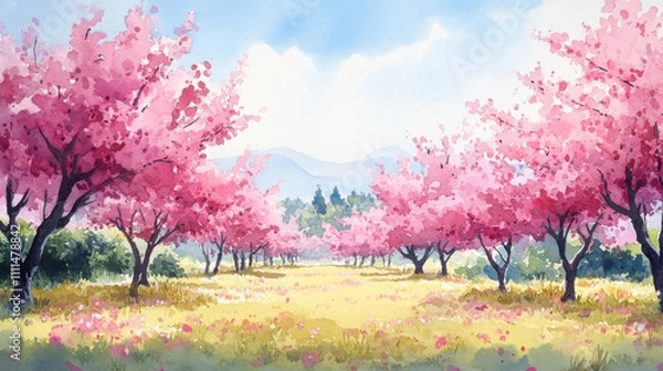 Fototapeta vibrant springtime orchard with blooming pink trees and lush grass
