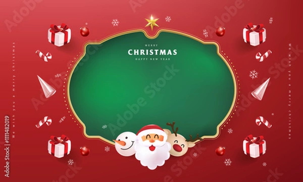 Fototapeta Merry Christmas sign banner frame with empty space and festive decoration on red background