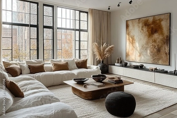 Fototapeta Minimalist Scandinavian Living Room with Abstract Art Sectional Sofa and Neutral Decor