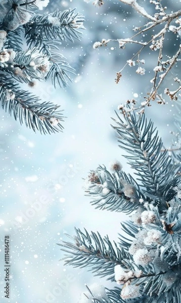 Fototapeta a winter scene with snow-covered pine branches. The branches are positioned in the top left and bottom right corners of the image, creating a frame-like effect