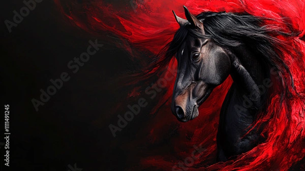 Fototapeta A powerful black horse emerges from a swirling red background, evoking strength and grace in a dramatic and artistic composition.