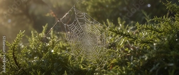 Fototapeta A sprinkling of dew-kissed droplets on the fine threads of a cobweb rests against lush heather foliage in morning light, cobwebs, nature photography, heather