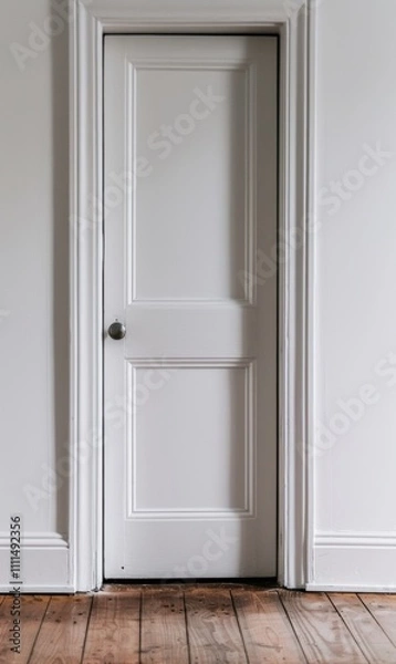 Fototapeta Doorstop discount, banner for website, copy space for text, a white interior door with a classic design, featuring three rectangular panels. The door has a silver-colored round doorknob on the left 