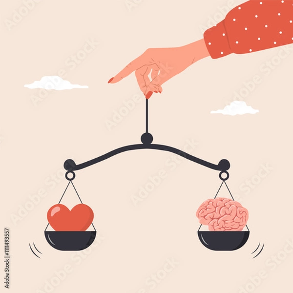 Fototapeta Heart and Brain Balance. Mental and Physical Health concept. Control feeling and emotion. Female hand holding scales. Flat design. Vector illustration in cartoon style.
