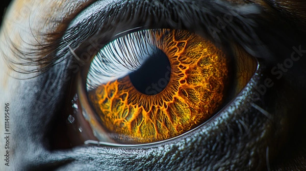 Obraz A close-up of an eye featuring vibrant orange hues and intricate patterns, showcasing stunning detail and texture.