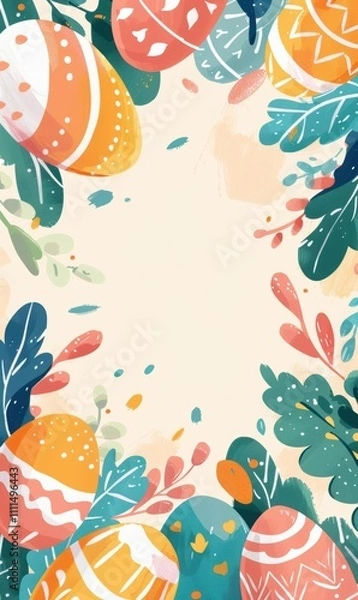 Fototapeta Easter , banner for website, copy space for text, a decorative illustration with a festive theme. It features a variety of colorful, patterned Easter eggs and leaves arranged around the edges