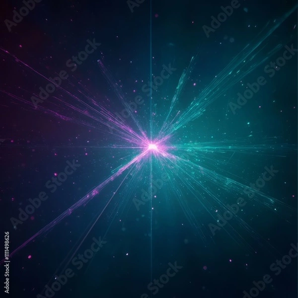 Fototapeta Abstract teal and magenta light burst, glowing particles.