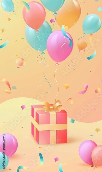 Fototapeta Special offer , banner for website, copy space for text, a festive scene with a gift box and balloons. The gift box is wrapped in pink paper with a yellow ribbon and bow on top