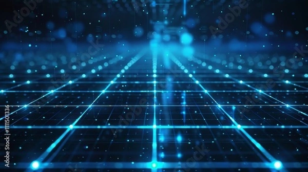 Fototapeta Glowing blue grid symbolizes data flow in cyberspace, embodying modern technology and communication concepts. The interconnected network shapes our digital future
