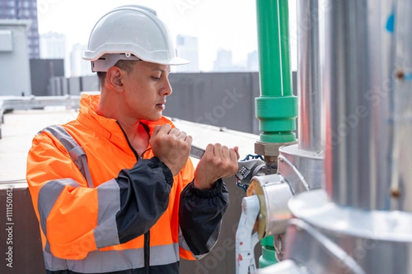 Fototapeta The image captures a skilled engineer inspecting a network of pipelines in a petrochemical facility. the concept of projects related to petrochemicals, engineering, and industrial inspection.