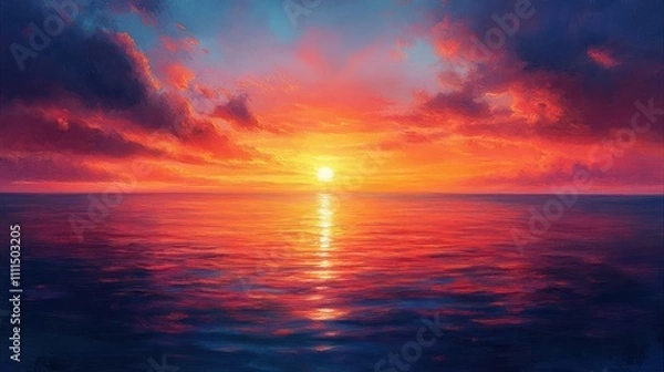 Fototapeta Vibrant Sunset Over Calm Ocean Abstract Impressionist Painting