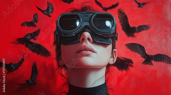 Fototapeta Portrait of a woman wearing a red mask with a devilish look in a Halloween carnival costume