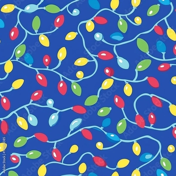 Obraz Colorful string lights seamless pattern on blue background.