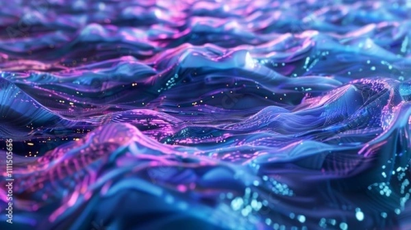 Fototapeta Futuristic neon landscape forming abstract waves with glowing particles, creating a mesmerizing visual experience