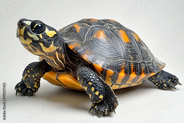 Fototapeta A Yellow Marginated Tortoise Poses Against White Background