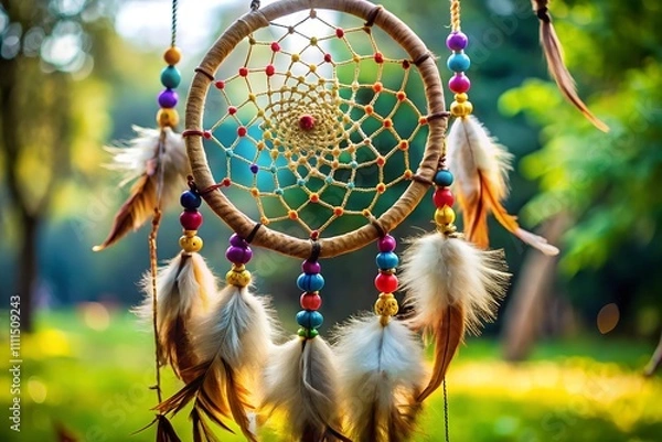 Fototapeta A Native American dreamcatcher with feathers and beads