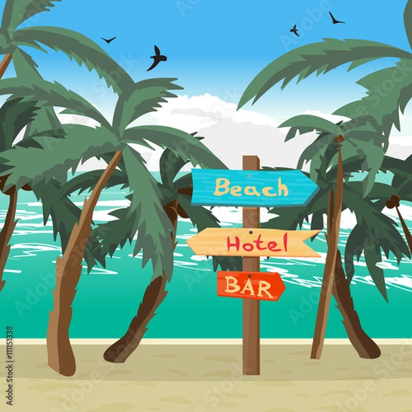 Obraz Wooden pointer among palm trees on the beach, the hotel, in the