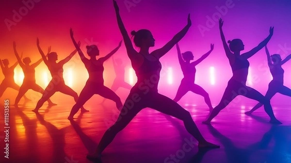 Obraz Participants holding warrior poses in a power yoga class with vibrant energy