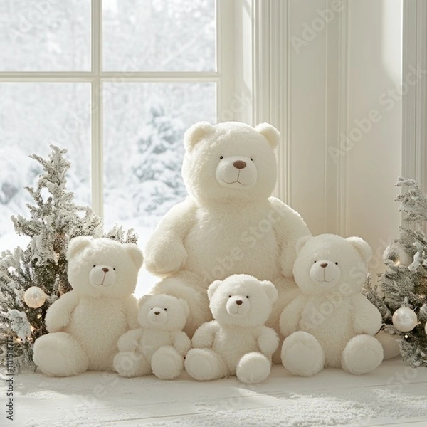 Fototapeta Four cream-colored plush teddy bears of varying sizes sit on a windowsill decorated with faux snow-covered branches and lights.