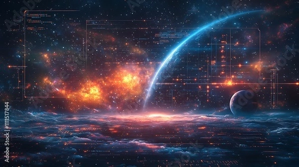Fototapeta A space HUD showcasing 3D holographic starmaps, dynamic planetary motion visuals, glowing constellation overlays, pulsating neon lights, intricate grid patterns, and a colorful cosmic nebula backdrop,