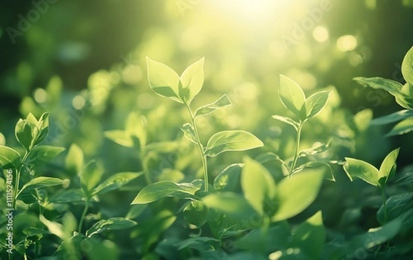 Fototapeta A lush field of young plants growing under sunlight, symbolizing environmental health, sustainable farming practices, and the future of green agriculture