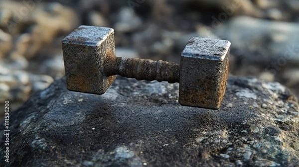Fototapeta A close-up of a rusty metal dumbbell lying on a rock.