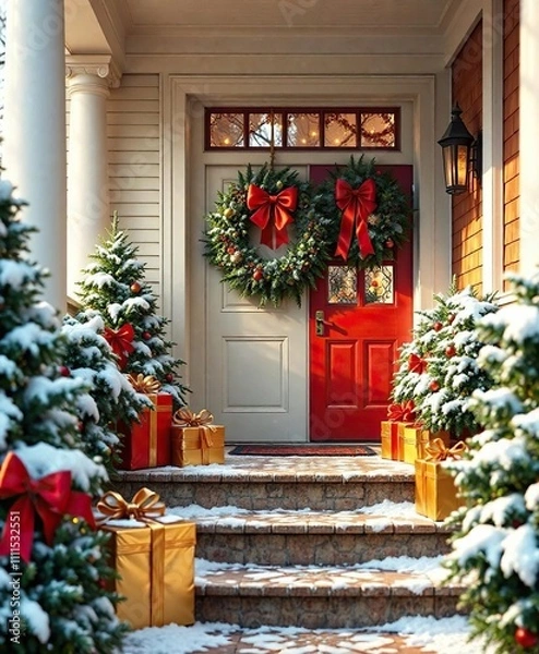 Fototapeta Red and gold Christmas presents wreaths on a porch are adorned with lush greenery and covered in fresh snow, christmas, beautiful