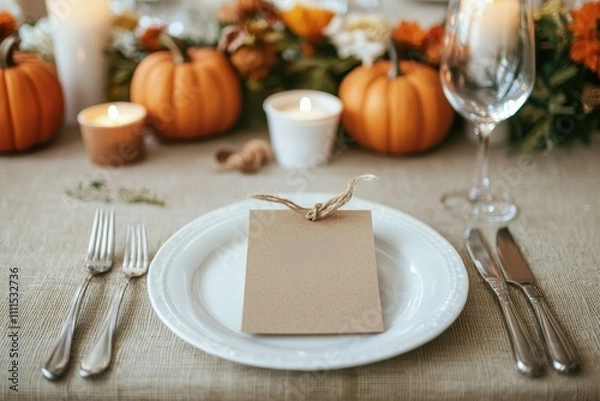 Fototapeta Autumn Thanksgiving Table Setting with Place Card Pumpkins Candles