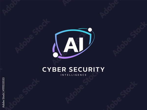 Obraz Cyber security intelligence data protection shield with letter AI in shield and curved network lines Technology Analysis logo vector design concept. Abstract shield security logotype symbol for ui.