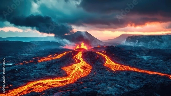 Fototapeta Erupting volcano with flowing lava and dramatic clouds at sunset.