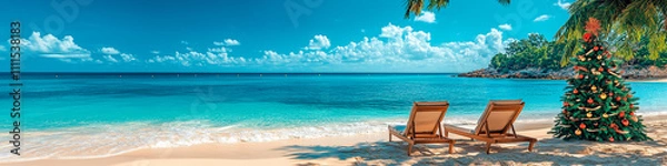 Obraz Christmas celebration on a sandy beach with two beach chairs and festive Christmas tree. Relaxing day over ocean. Happy New Year travel destinations. Background with copy space. Generative Ai content	
